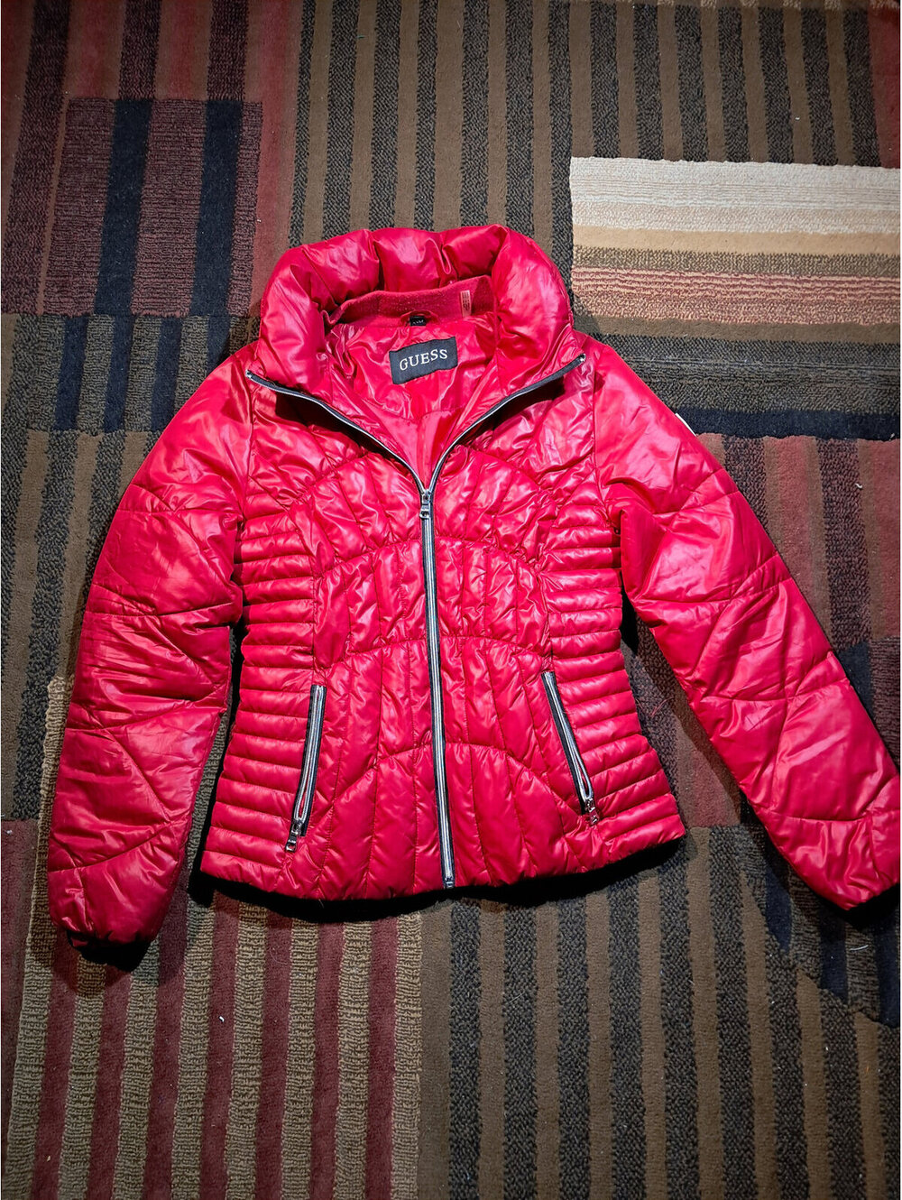 GUESS Red Quilted Puffer Jacket with Padded Collar Size S